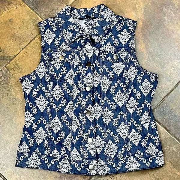 Baccini Floral Denim Style Sleeveless Button Down Collard Vest Large - Image 4