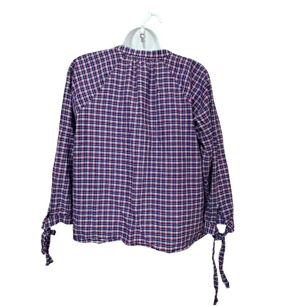 Madewell Womens Blue Red Plaid Cotton Linen Tie Cuff Blouse‎ G1412 Size M - Image 3
