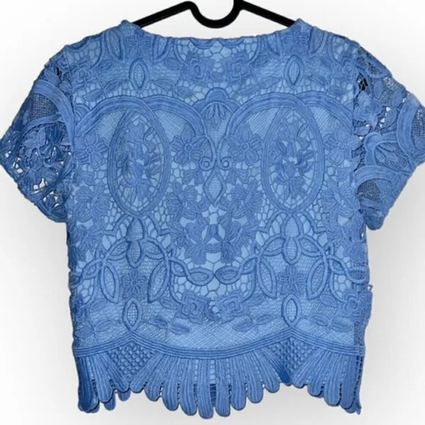 Lovers & Friends Daycation Lace Embroidered Boho Crop Top in light baby Blue XS - Image 4
