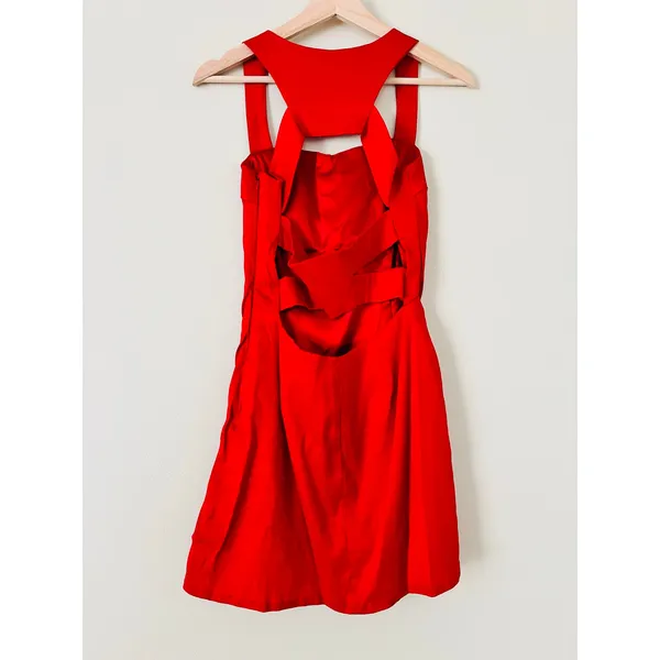 Jessica McClintock‎ Red Mini Cocktail Dress Bodycon Satin 6 Open Back Bandage - Image 2