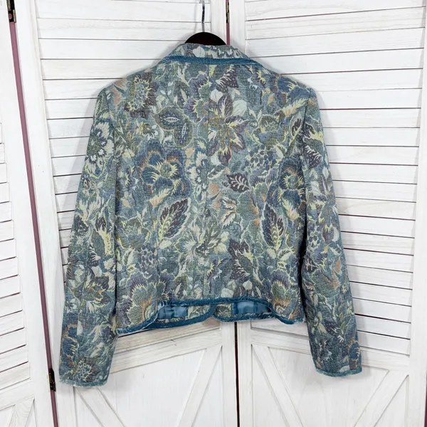 Vintage Talbots Blazer Women XL Blue Floral‎ Brocade Velvet Trim Jacket Boho - Image 9