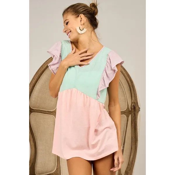 BiBi Triblend Color Block Ruffled Sleeve Babydoll Top - Mint/Lavender/Blush - M - Image 11