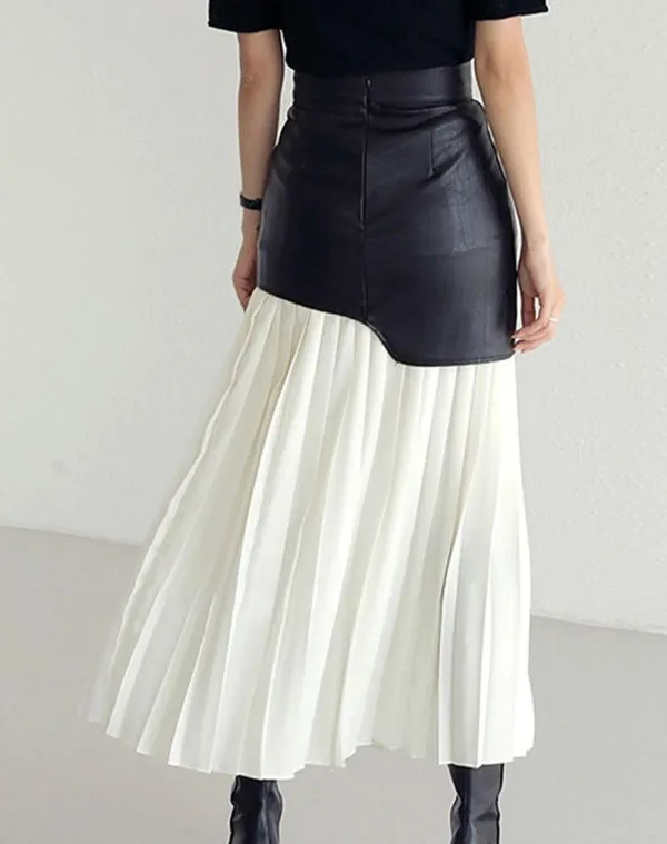 Commense Asymmetric Patchwork Faux Leather Chiffon Pleated Midi Skirt size Xs - Image 2