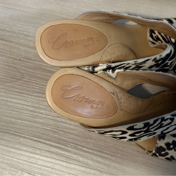 Crown by Born Leopard Print Calf Hair Cork Wedge‎ Sandal 8M Tan Black N22016 - Image 3