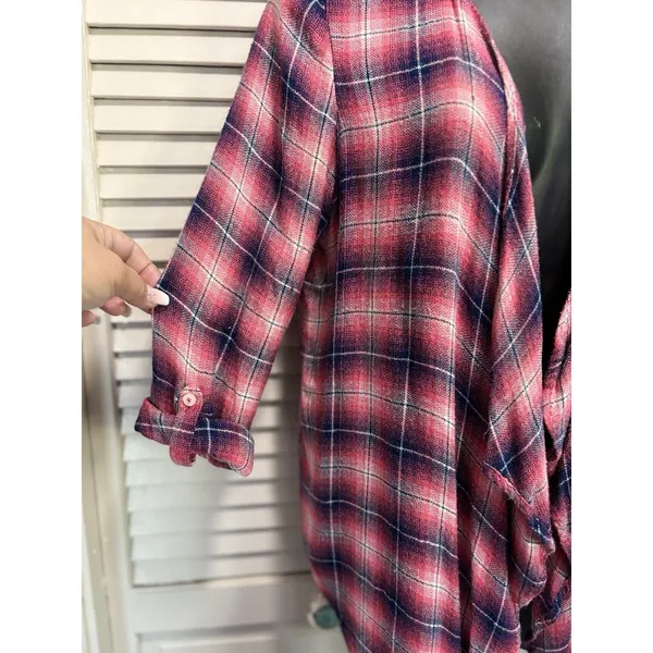 Aeropostale Flannel Pink/Black Open Long Tab Sleeve‎ Shirt Size Small Shawl Neck - Image 3