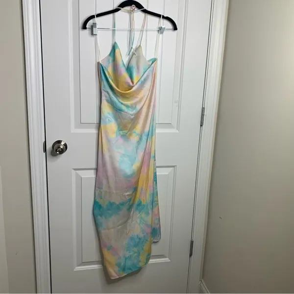 Zara pastel tie dye satin rainbow‎ ruched ruched midi dress blogger size XS - Image 9