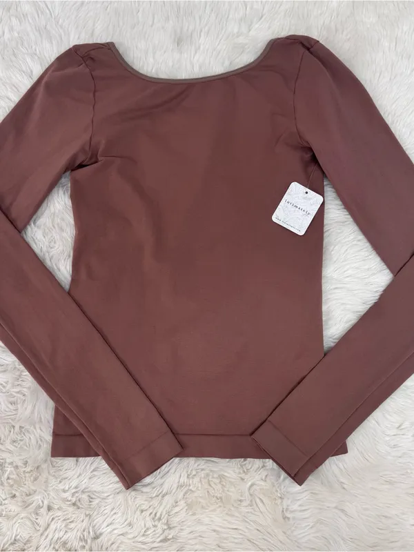 FREE PEOPLE Low Back Long Sleeve‎ Tee Top Medium Large Brown Seamless Ballet New - Image 3