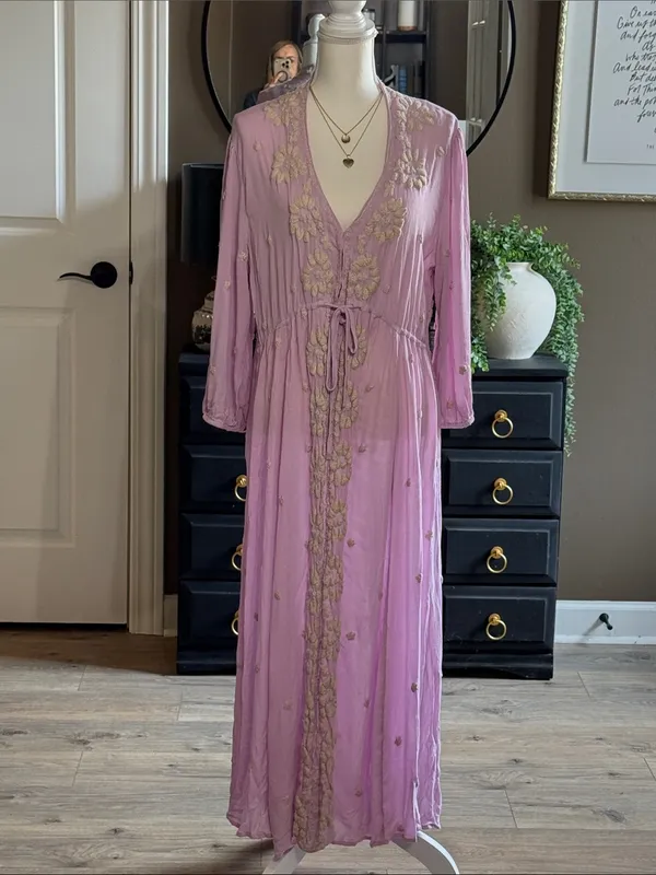 FREE PEOPLE Fable Lilac Blossom Embroidered Boho Gypsy Peasant Maxi Dress Large - Image 3