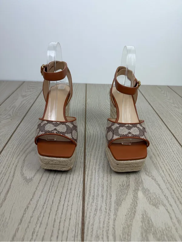 Coach Women's Signature Jacquard Espadrille Wedge Sandals 6.5B Cocoa Amber $175 - Image 2