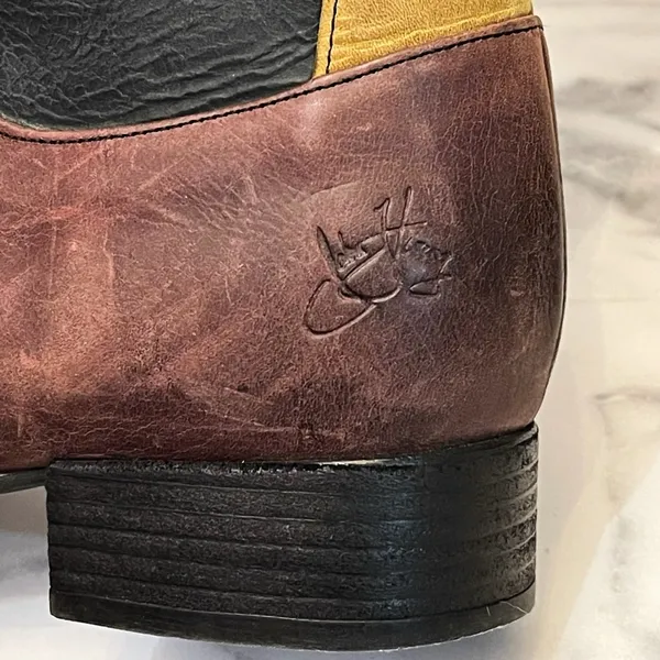 John Fluevog Encourage Kathryn Leather Tall Boots Black Burgundy‎ Yellow 8 GUC - Image 3