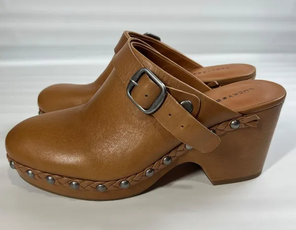 Lucky Brand Clog Heels Tan Leather Studded Braided Trim Slip-On Mule Sandals 7.5 - Image 3