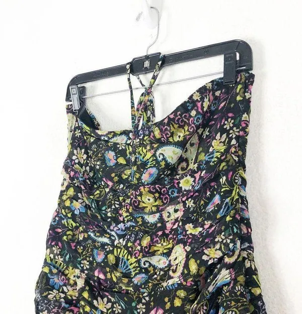 ZARA Floral Mini Dress Large Ruched Bodycon Halter Sweetheart Paisley Print - Image 7