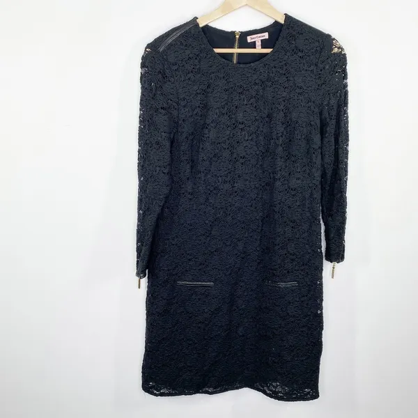 Juicy Couture Black Lace Long Sleeve Back Zip Sheath Dress‎ Womens Size Medium M - Image 2