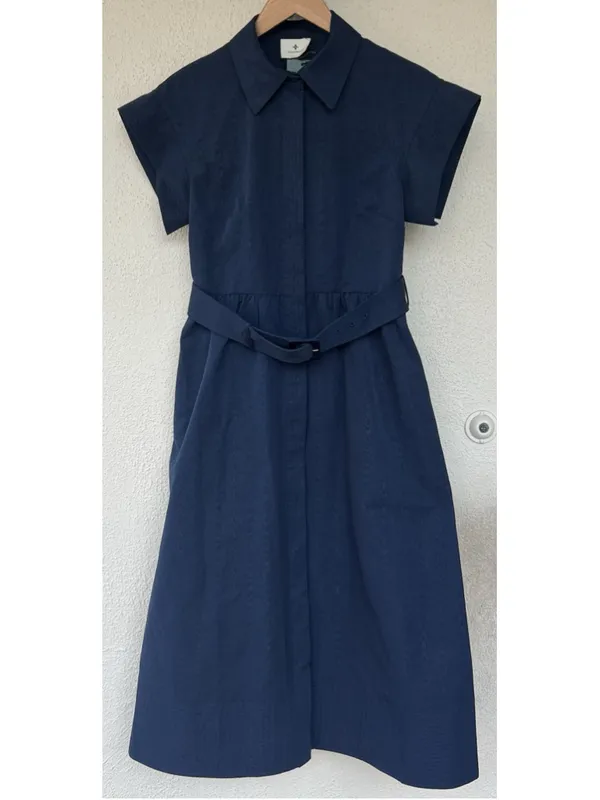 New Tuckernuck Navy Blue Chloe Midi Dress Small Belted Collared Moir Classic - Image 7