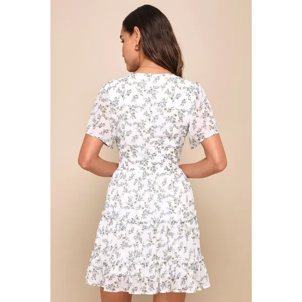 NWT Lulus So True White Floral Print Tiered Short Sleeve Mini Dress Casual Sz L - Image 3