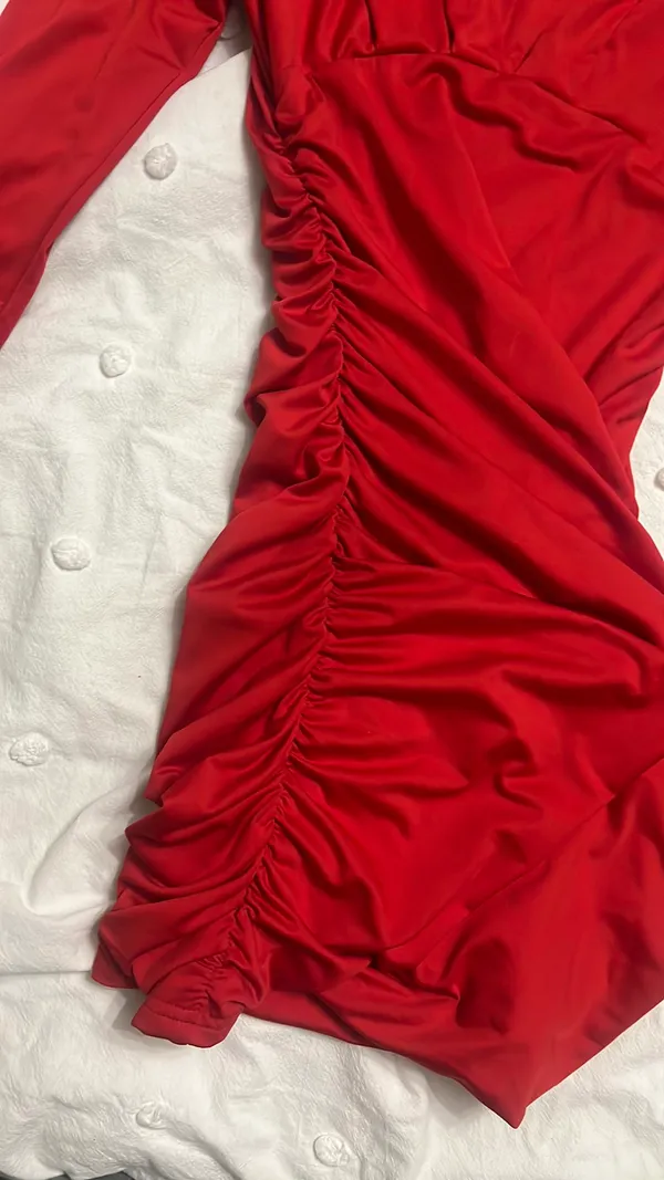 Amazon Red Rouched Plunge Dress - Image 3