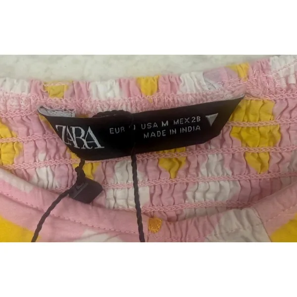 Zara Bodysuit Womens Medium Pink Puff Sleeve Geometric Smocked Babydoll Milkmaid - Image 4