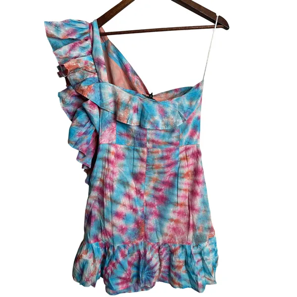 Alla Berman Leila Tie Dye Swiss Dot One Shoulder Dress Ruffles Womans M NWT - Image 3