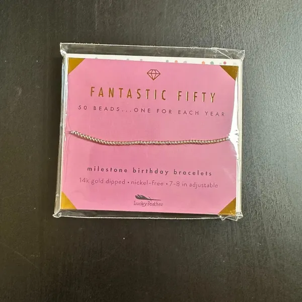 NIB LUCKY FEATHER 14K Gold Dipped Milestone 50th Birthday Stretch Bracelet - Image 5