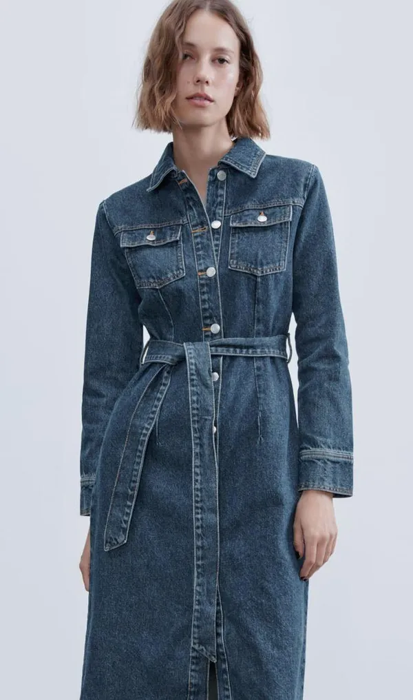 denim jean dress midi button up long sleeve waist tie - Image 5