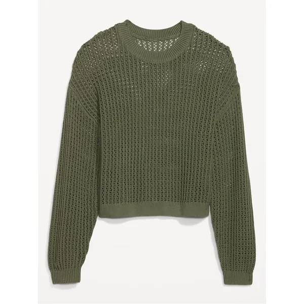 Old Navy Women’s Long-Sleeve Cropped Crochet Sweater Rib Knit Weeping Willow M - Image 2