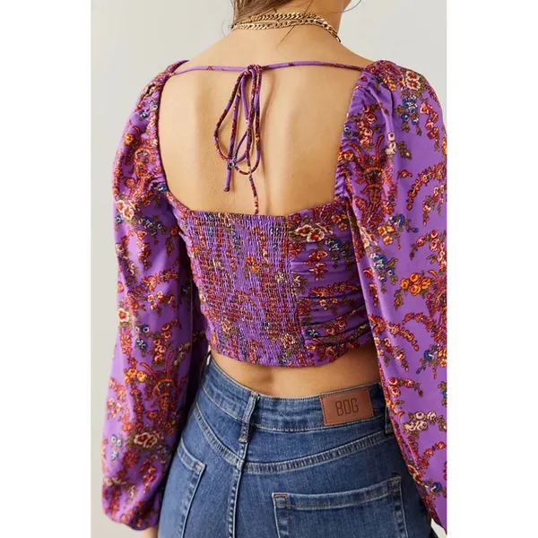 Urban Outfitters Purple Floral Ruched Long‎ Sleeve Crop Top Smocked Back XS - Image 2
