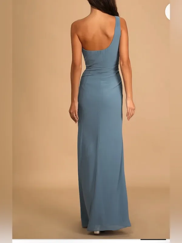 Lulu's Dusty Blue One-Shoulder Ruffle Evening Gown - Image 3