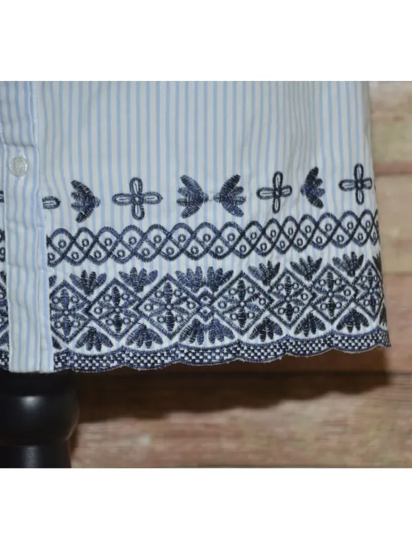 Cremieux Womens SZ 0 Blue White Striped Embroidered Bell Sleeve Tie Waist Dress - Image 7