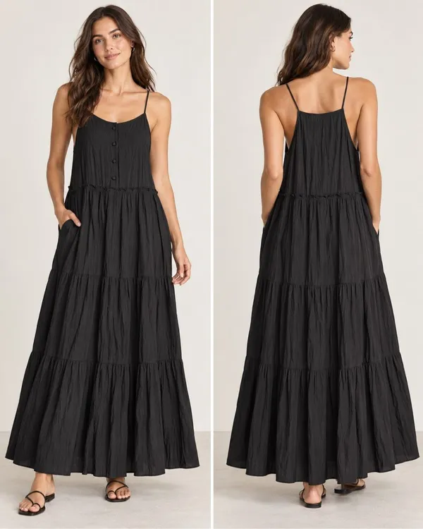 Calista Black Crinkle Tiered Maxi Dress Size Med Sleeveless Spaghetti Strap Boho - Image 2