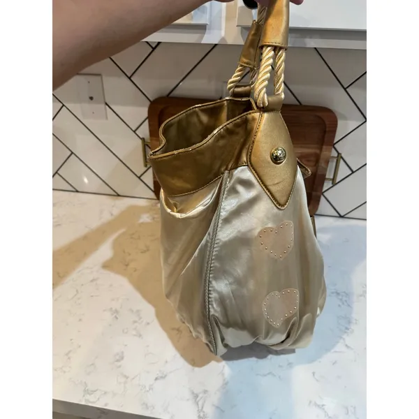 Ed Hardy drawstring handbag metallic gold material braided rope handles flawed - Image 3