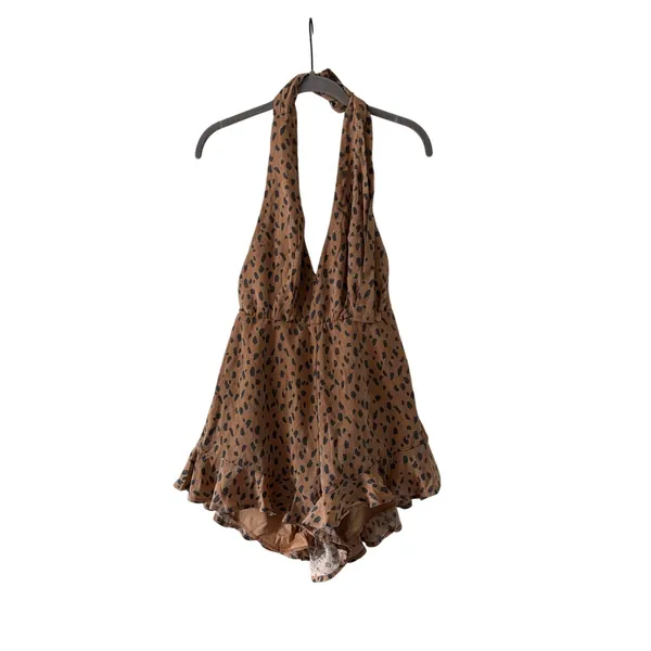 Trixxi Leopard Halter Romper Dress Brown Black Ruffle Mini Women’s Small S - Image 2