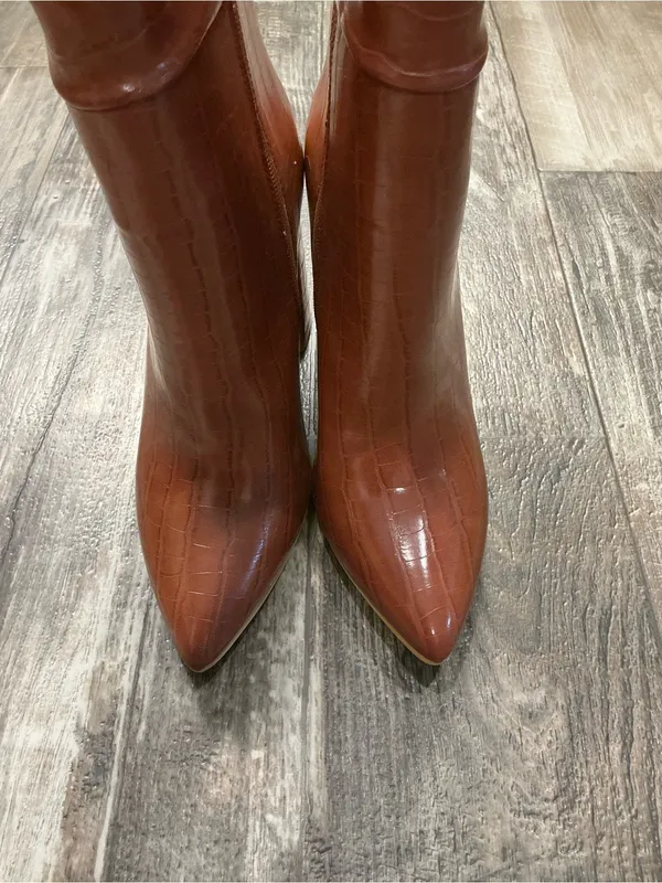 Nasty Gal Croc-Embossed Knee Boots - Chestnut Brown Size 6 - Image 8