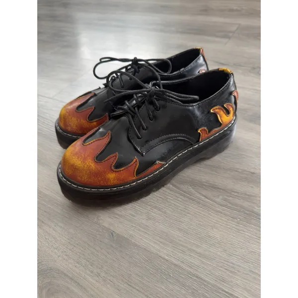 VTG 90's Y2K Womens Black Flame Oxford Platform Shoes Punk Goth Chunky Size 7.5 - Image 3