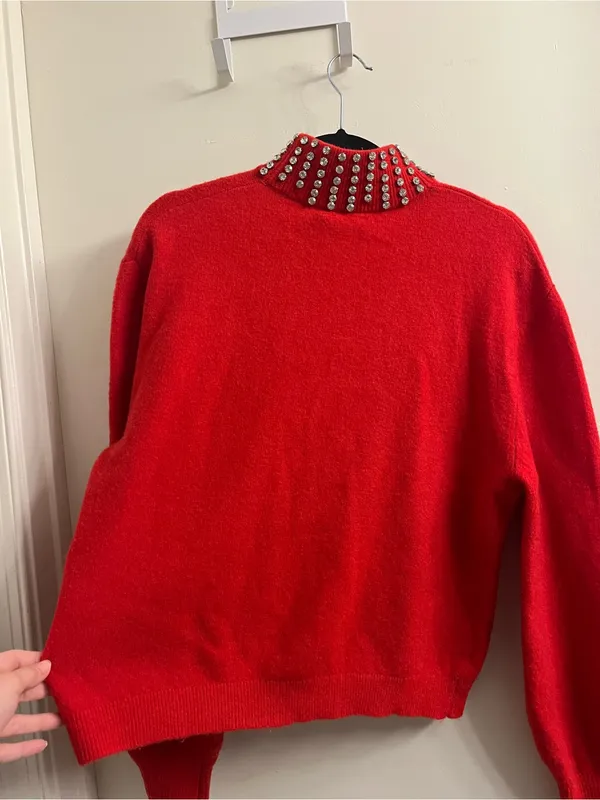 GRLFRND Katherine Red Rhinestone Collar Knit Sweater Small - Image 7