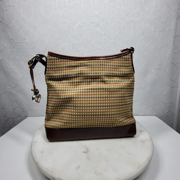 Brighton Tweed Purse Braided Leather Trim Heart Charm Brown Tan Check - Image 8