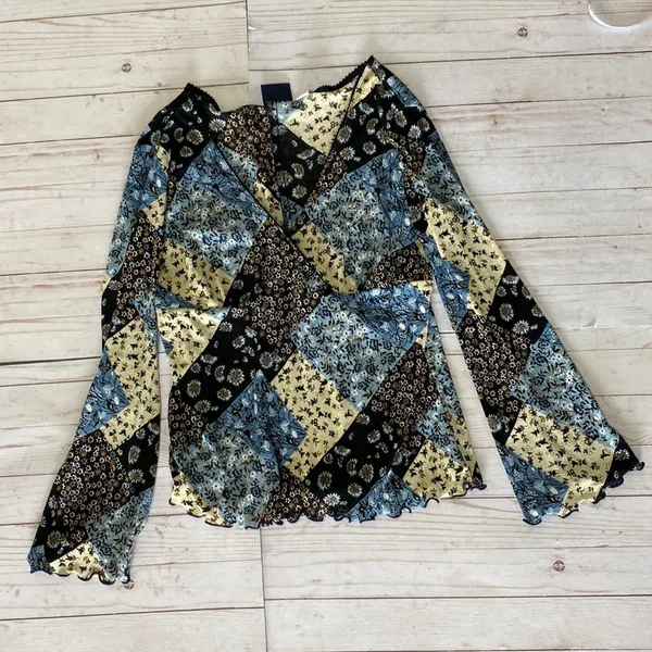 Y2k vintage boho floral patchwork blouse long sleeve blue brown tan large - Image 2