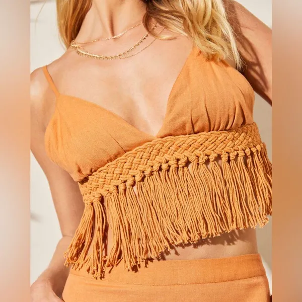 Sage The Label Giulia Boho Fringe Hem Crop Top in Rust Medium - Image 2