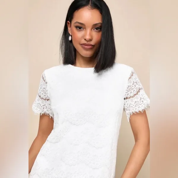 Lulus White Floral Lace Short Sleeve Mini Shift Dress‎ Size Small Bridal - Image 2