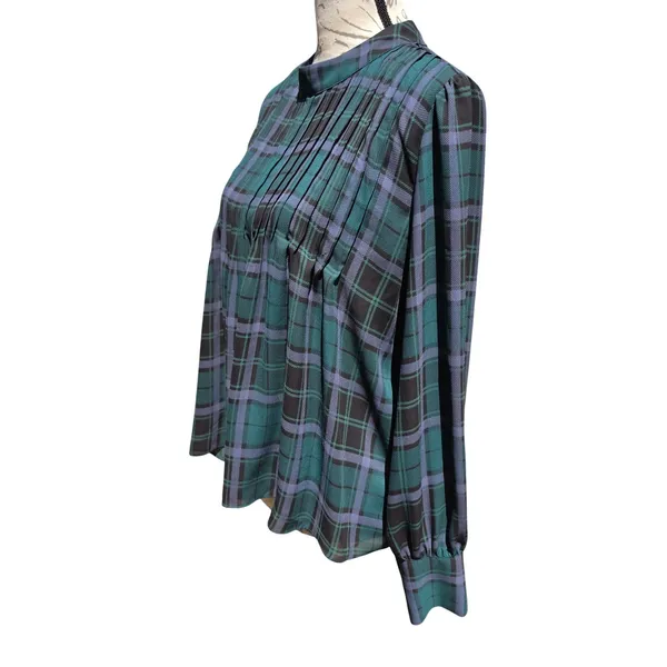 Ann Taylor Green Plaid Mock Neck Pintuck Blouse Long Sleeve Large - Image 4