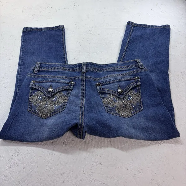Nine West Jeans Womens 10/30 Bling Embroidered Rhinestone Capri Pants Blue Denim - Image 16
