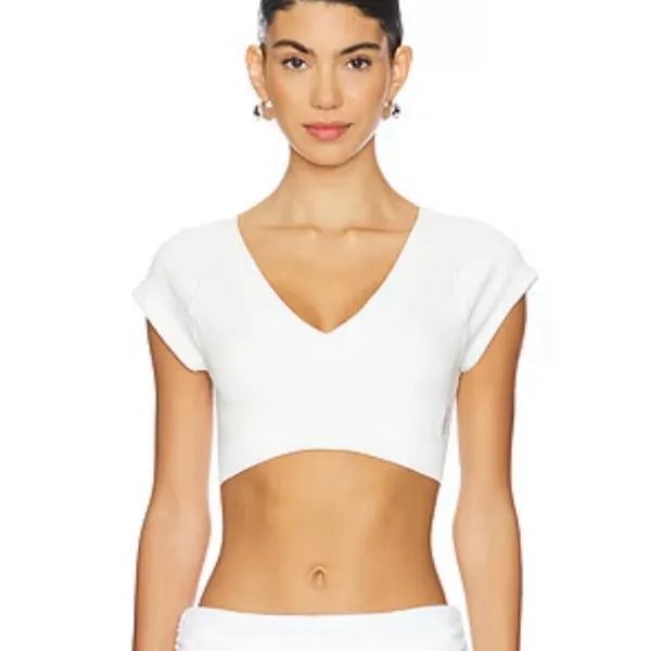 Show Me Your Mumu Miami V-Neck Stretch Crepe Crop Top in Bone‎ Size Medium - Image 5