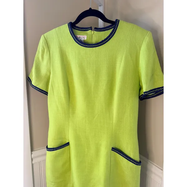 Vintage Talbots Chartreuse Lime Mod Drop Waist Dress Navy Trim Size 10 USA - Image 4