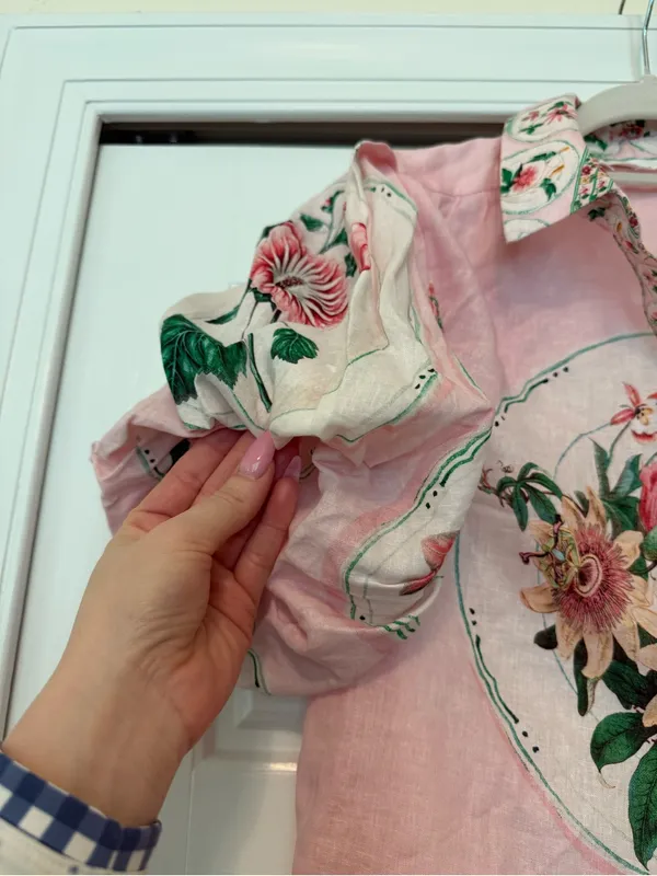 A loves A Pink Floral Button-Up Womens Blouse with Puff Sleeves - Image 4