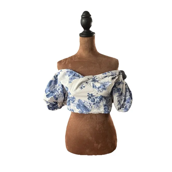 Abercrombie & Fitch White Blue Emerson Floral Off Shoulder Crop Top Women M - Image 2