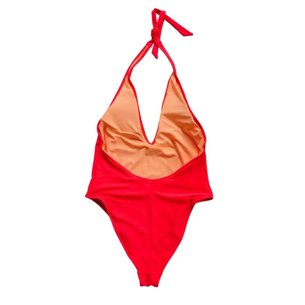 Aerie Women Coral Deep Plunge Halter One Piece Swimsuit High Cut Large - Image 3