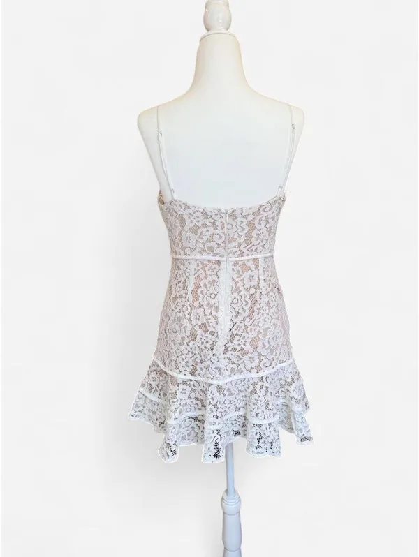 Lush White Lace Mini Dress Spaghetti Strap Ruffle Hem Size Small - Image 4