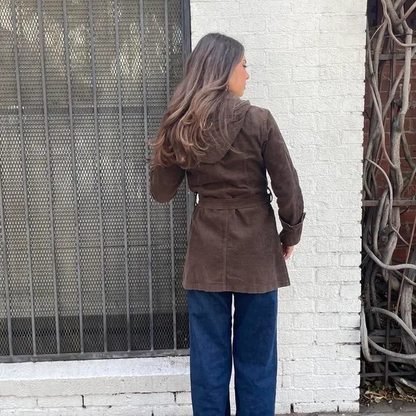 Vintage retro Brown corduroy trench coat belted jacket sz s - Image 4