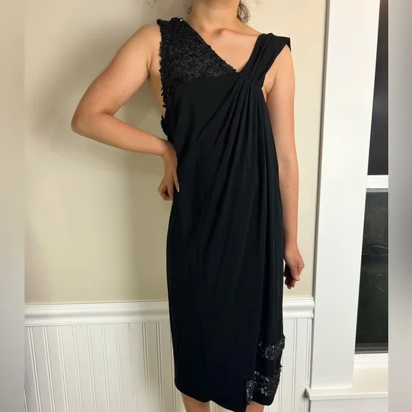 Yigal Azrouel Black One Shoulder Asymmetric Draped Cocktail Dress Petal Trim - Image 2
