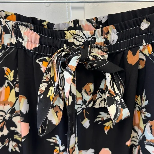 Who What Wear Floral Wide Leg Pants‎ Black Pink Orange Sz M Elastic Waist Belted - Image 7