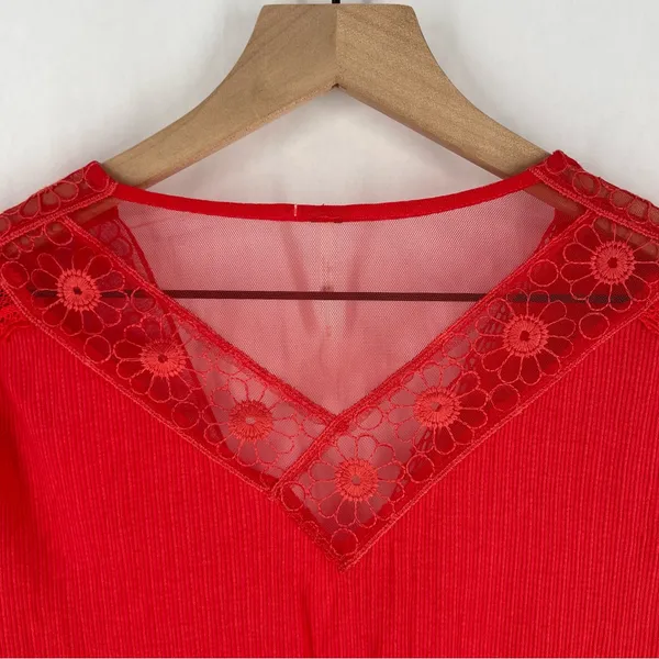 Free People Vibrant Red‎ Ribbed Lace Trimmed Dolman Sleeve Blouse Size M - Image 10